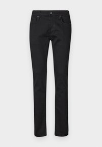 Čierne slim-fit džínsy s piatimi vreckami, zapínaním na gombík a pútkami na opasok, zobrazené na jednoduchej bielej pozadí.