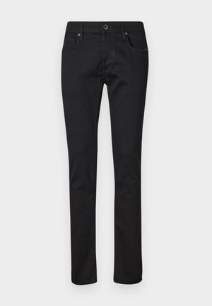 Smal passform svarte jeans med fem lommer, knappelukking og beltehemper, vist på en enkel hvit bakgrunn.