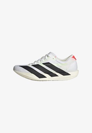 White running shoe with black stripes, textured mesh upper, flat sole, and reflective accents. Features a streamlined design and lace-up closure.