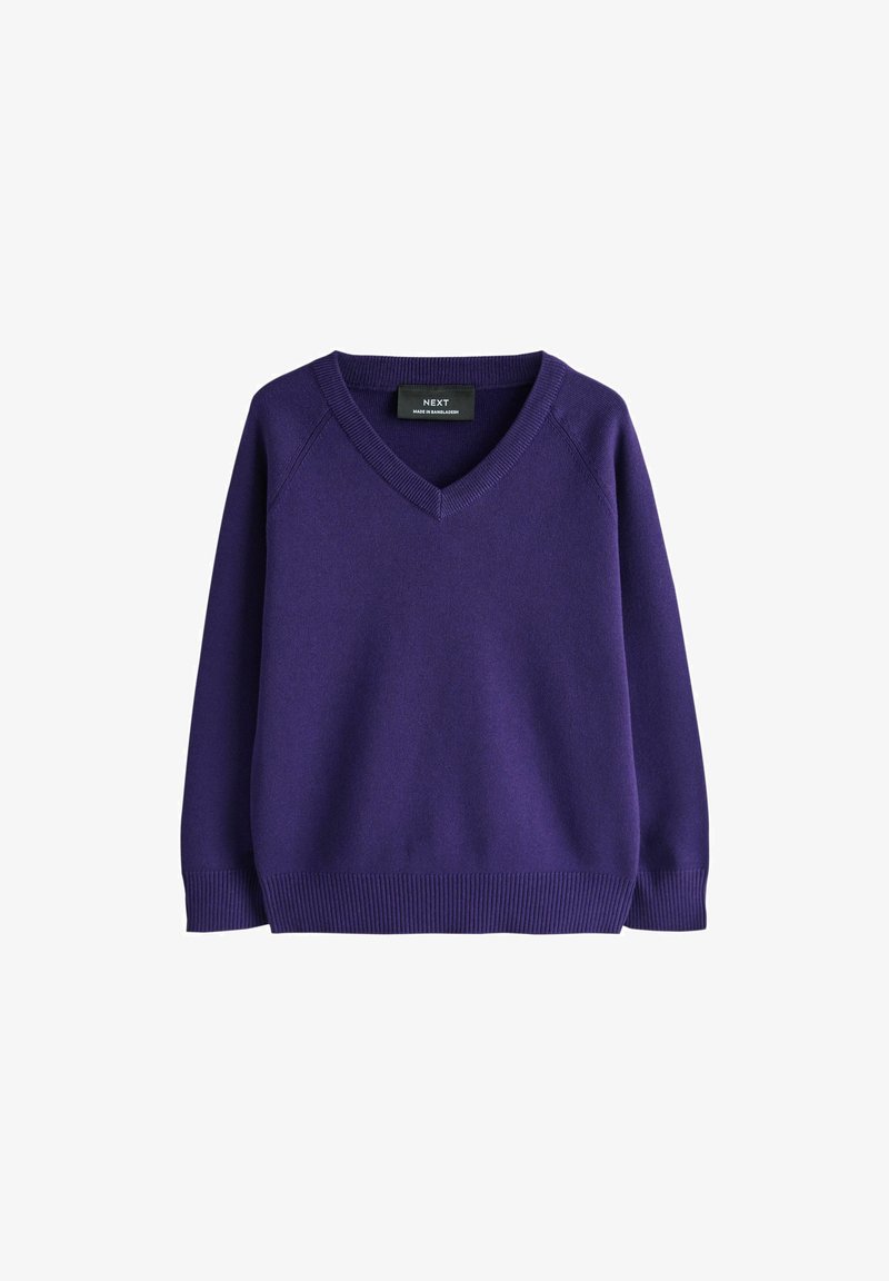 Pull violet à manches longues col en V avec poignets et ourlet côtelés, en tissu tricoté, présenté sur fond blanc.