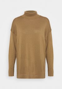 Brązowy sweter z dzianiny z wysokim kołnierzem, długimi rękawami i luźnym krojem. Posiada prążkowany teksturę na mankietach i u dołu.