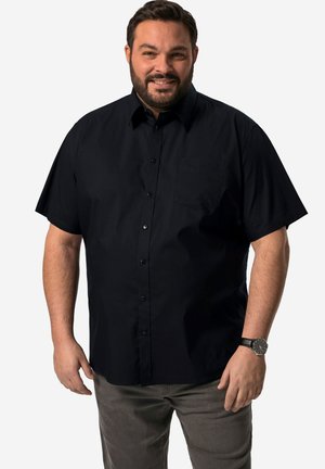 Schwarze kurzärmelige Hemdbluse mit einer Tasche und einer lockeren Passform. Aus glattem Stoff gefertigt, mit einem Kragen und schlichtem Design.