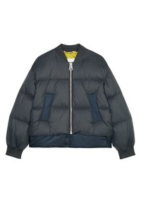 Puffer jacket with a bomber design, made of dark gray material, featuring ribbed cuffs, side pockets, and yellow lining. Zipper closure.