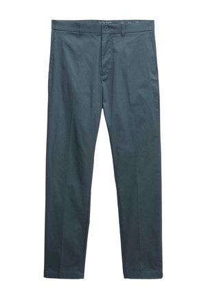 Mørkegrå, lige herrebukser med bæltestropper, knap- og lynlåslukning samt sidelommer.