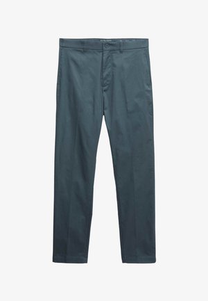 Pantalon droit pour homme de couleur gris foncé, avec passants de ceinture, fermeture par bouton et zip, et poches latérales.