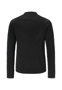 Schwarzes Langarmshirt mit Rundhalsausschnitt, glatter Textur und flachen Nähten. Besitzt ein schlichtes, unaufdringliches Design.