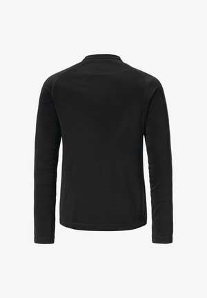 Schwarzes Langarmshirt mit Rundhalsausschnitt, glatter Textur und flachen Nähten. Besitzt ein schlichtes, unaufdringliches Design.