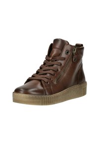 Bruine leren hoge sneakers met vetersluiting aan de voorkant, zijrits, gekartelde rubberen zool en gevoerd kraag. Voorzien van ronde metalen veterogen.