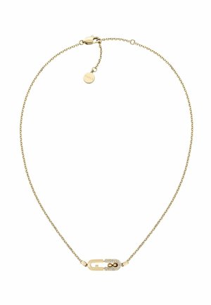 Könnyed arany lánc nyaklánc kristályokkal díszített biztonsági tű alakú medállal és állítható rákfogó záródással.