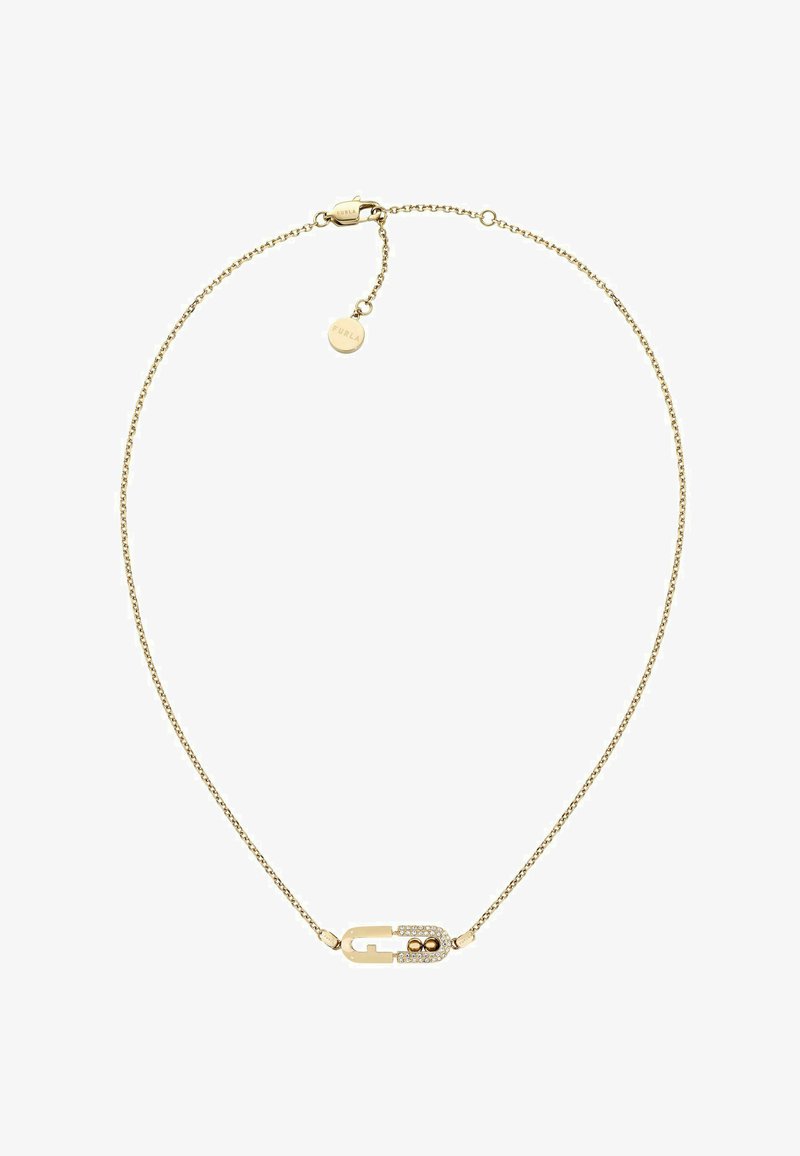 Collier délicat en chaîne d'or avec un pendentif en forme d'épingle de sûreté incrusté de cristaux et une fermeture à mousqueton réglable.