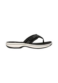 Sandale tongs noire et blanche avec semelle rembourrée et bride réglable sur le dessus, conçue pour un usage décontracté.