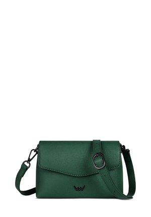 Green textured leather crossbody bag with a flap, adjustable strap, and black hardware accents. Logo embossed on the front.