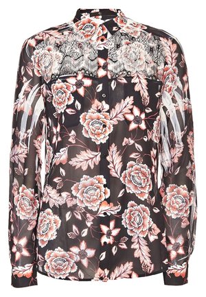 Blouse noire transparente avec un motif floral dans des teintes de rose et de corail, dotée d'un panneau en dentelle sur les épaules et d'une fermeture à boutons.