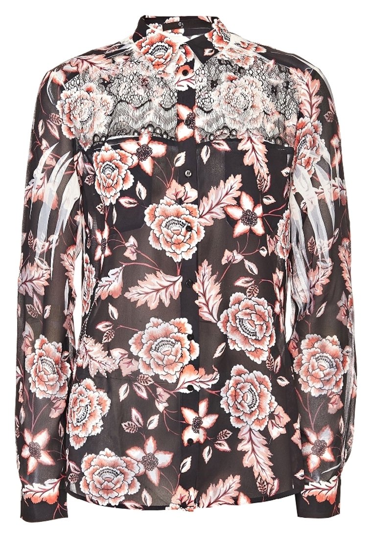 Gennemsigtig sort bluse med blomstermønster i nuancer af pink og koral, med en blondepanel over skuldrene og knaplukning.