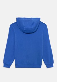 Hanorac albastru cu glugă, din material amestec de bumbac, cu mâneci lungi, mansete și tiv striate, design simplu, croială standard, fără modele sau accente vizibile.