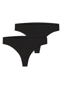 Schwarzer String in nahtlosem Design mit breitem, elastischem Bund und glattem, dehnbarem Stoff für Komfort und Passform.