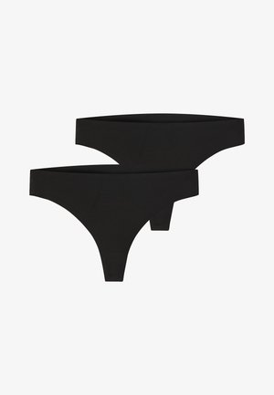 Zwarte string in een naadloos ontwerp, met een brede elastische tailleband en glad, rekbaar stof voor comfort en pasvorm.