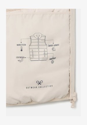 Forro interior de color beige claro con ilustración de chaleco etiquetado con características de calidez, comodidad, ligereza y a prueba de viento; incluye texto y logotipos.