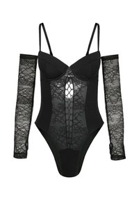 Czarny body z koronkowymi akcentami i długimi koronkowymi rękawami. Posiada usztywniony biust, przezroczystą koronkową wstawkę oraz krzyżowy wzór na środku.