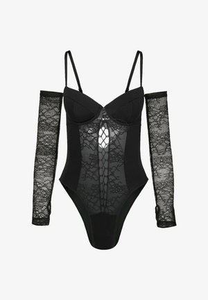 Bodysuit noir avec des accents en dentelle et de longues manches en dentelle. Comprend un soutien-gorge structuré, un panneau en dentelle transparent et un design en croix au centre.