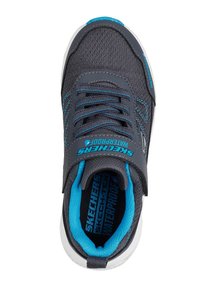 Graue wasserdichte Sneakers mit blauen Akzenten, ausgestattet mit einem Obermaterial aus Mesh, elastischen Schnürsenkeln, einem Velcro-Riemen und einem gepolsterten Innenleben. Gummiaußensohle.