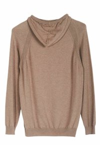 Felpa a maglia marrone con maniche lunghe, polsini e orlo a costine. Presenta un cappuccio e cuciture delle spalle testurizzate per un dettaglio aggiuntivo.