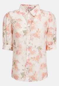Bloem blouse van een zachte, lichte stof met roze en groene bloemenpatronen, een kraag en korte, pofmouwen.