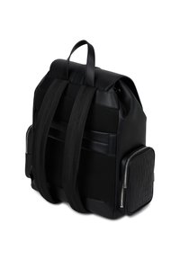 Musthave mustkott, millel on sile sünteetiline materjal, koos võrktaskutega, paksude rihmadega ja väikese lukuga külgtaskuga, millel on muster.