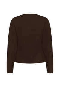 Brūns garām piedurknēm džemperis ar brīvu piegriezumu. Mīksta tekstūra, apaļa kakla izgriezums un nokritušas plecu šuves, ar vienkāršu, minimālistisku dizainu.