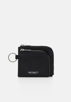 Black leather wallet with two zip compartments, silver hardware, keyring attachment, and embossed logo on the front.
