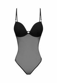 Czarny i szary kombinezon z regulowanymi ramiączkami, usztywnianymi miseczkami oraz gładkim, półprzezroczystym centralnym panelem; wykończony czarną lamówką wokół krawędzi.