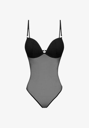 Black and grey bodysuit with adjustable straps, padded cups, and a smooth, semi-sheer central panel; features black trim around edges.
