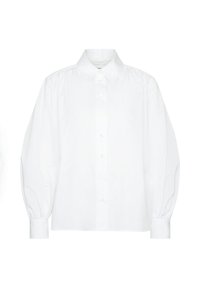 Blouse blanche à manches longues avec boutonnière à l'avant, col pointu, épaules froncées et poignets ajustés.