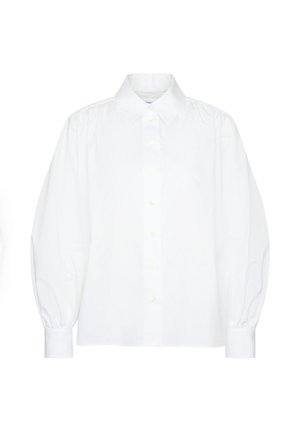 Blouse blanche à manches longues avec boutonnière à l'avant, col pointu, épaules froncées et poignets ajustés.