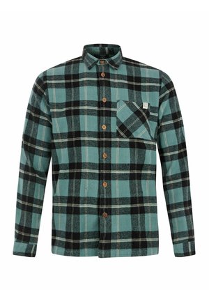 Plaid flannel shirt in teal and black, featuring a button-up front, long sleeves, and a chest pocket with a diagonal pattern.