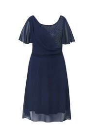 Marineblaues Kleid mit transparenten, schwingenden Ärmeln und einer strukturierten Überlagerung im Oberteil. Ausgestellter Rock mit einem glatten, fließenden Design. Weiche Stoffstruktur.