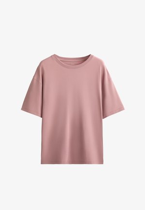 T-shirt rosa a maniche corte realizzato in morbido tessuto, con una vestibilità comoda, scollatura rotonda e cuciture pulite senza motivi o dettagli visibili.