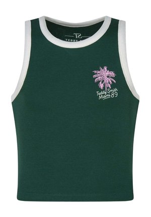 Débardeur vert foncé sans manches avec une bordure blanche et un motif de palmier rose avec le texte "Teddy Smith Miami 89" sur la poitrine.
