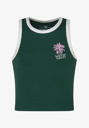 Débardeur vert foncé sans manches avec une bordure blanche et un motif de palmier rose avec le texte "Teddy Smith Miami 89" sur la poitrine.