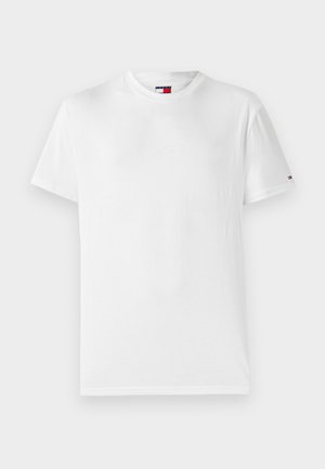 Witte katoenen T-shirt met een ronde halslijn en korte mouwen. Heeft subtiele logodetails linksboven en een kleine gekleurde accent op de mouw.