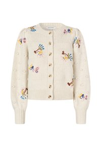 Gilet créme à encolure ronde, présentant des motifs floraux brodés en rose, jaune et bleu. Fermetures à boutons et manches côtelées.