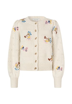 Cardigan crema con scollatura rotonda, decorato con motivi floreali ricamati in rosa, giallo e blu. Chiusura con bottoni e maniche a costine.
