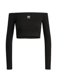 Czarny skrócony top na ramiączkach, z prążkowanej tekstury, z długimi rękawami, z małym białym logo Adidas na klatce piersiowej.