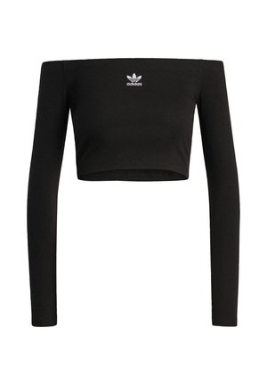 Czarny skrócony top na ramiączkach, z prążkowanej tekstury, z długimi rękawami, z małym białym logo Adidas na klatce piersiowej.