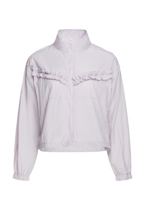 Helllila Jacke mit Reißverschluss, hohem Kragen, langen Ärmeln, elastischen Bündchen und Rüschendetails über Brust und Schultern.