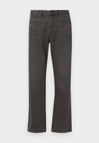 Mörkgrå utsvängda jeans i denim, med en klassisk femficksdesign, bälteshällor och knappstängning fram. Slät textur.