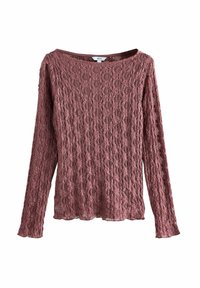 Haut en dentelle mauve à manches longues avec motif floral, encolure bateau et bord festonné, présenté sur fond blanc.