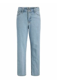 Lichtblauwe denim jeans met een recht model, vijf zakken en een knoopsluiting aan de voorkant. De stof heeft een standaard textuur en afwerking.
