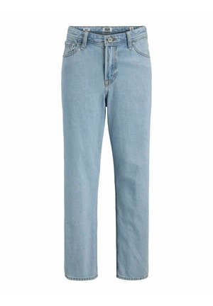 Jeans de mezclilla en un azul claro con diseño de pierna recta, cinco bolsillos y cierre frontal con botón. La tela tiene una textura y acabado estándar.