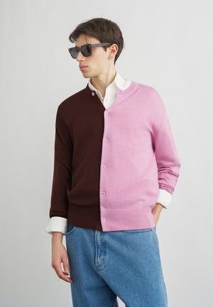 Nuori mies, jolla on aurinkolasit ja päällä puolituminen ruskea, puolituminen vaaleanpunainen napitettava neuletakki valkoisen paidan ja sinisten farkkujen päällä, katsoo vasemmalle.